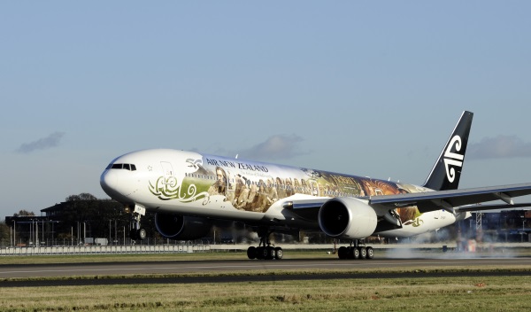 Air New Zealand 777-300 Hobbit inspired flight lands at London Heathrow Airport for the first time. picture David Dysonff