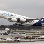 Airbus A380 takes off from Los Angeles International Airport