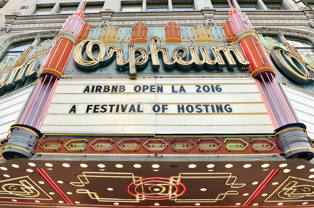 LOS ANGELES, CA - NOVEMBER 17:  View of the marquee during the "Introducing Trips" Reveal at Airbnb Open LA on November 17, 2016 in Los Angeles, California.  (Photo by Mike Windle/Getty Images for Airbnb)