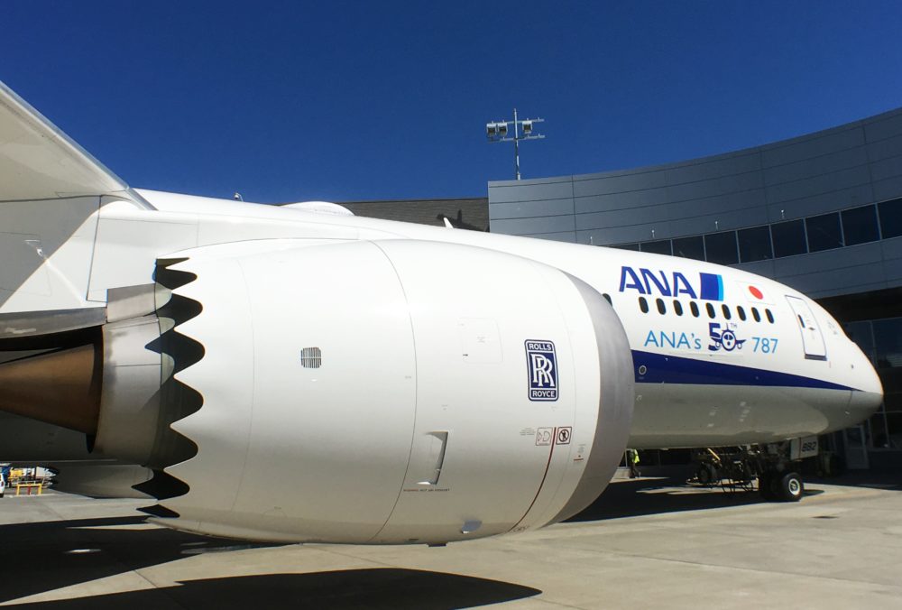 A Rolls-Royce engine is seen on a Boeing 787-9 Dreamliner owned by ANA Holdings Inc. in Everett