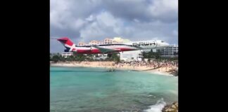 Προσγείωση πάνω από το κεφάλι των λουόμενων στο αεροδρόμιο του Saint Martin