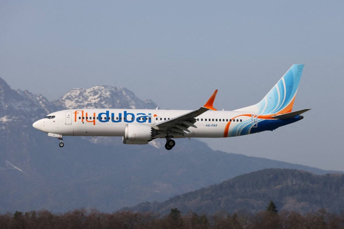 A picture taken on March 8, 2026, shows a Flydubai Boeing 737-8 MAX A6-FKF aircraft, in a location given as Salzburg